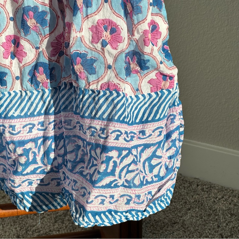 Oliphant India Cotton Ballon Sleeve Boho Mini Dress Size S Blue Pink Floral - Picture 7 of 13